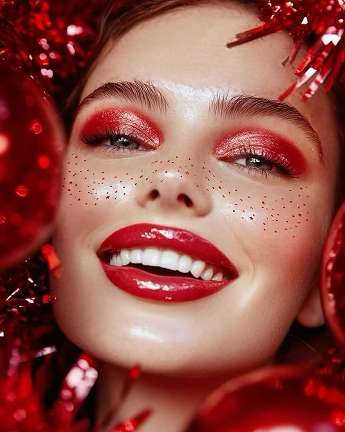 Red Glitter Freckles - Face Glitter Waterproof and Long-Lasting Body Glitter, Sparkle Makeup Patches for Festivals and Parties (RED - 8 Sheets)