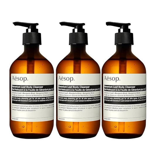 Aesop Geranium Leaf Body Cleanser | Gentle Shower Gel with Geranium, Mandarin and Bergamot Essential Oil Blend to Refresh & Balance Skin | 500 mL / 16.9 oz (Pack of 3)