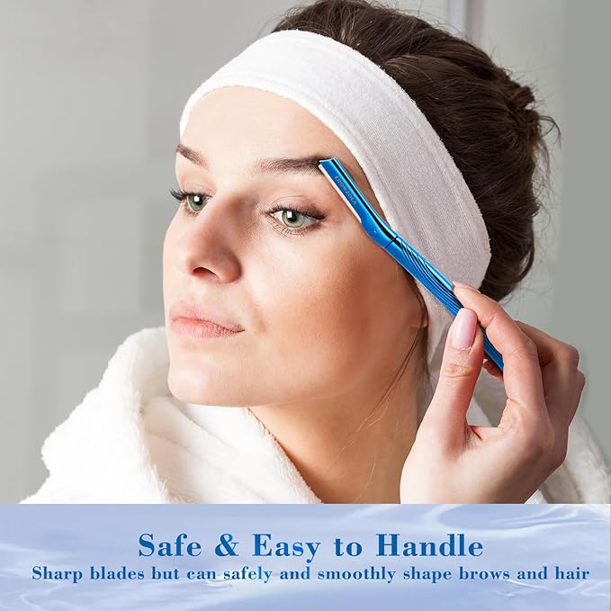 Eyebrow Razor, Face Razors for Women and Men, Reusable Metal Handle with 6 Refill Blades, Eyebrow Trimmer with Precision Cover, Dermaplane Razor, Skin Care Tool - Blue