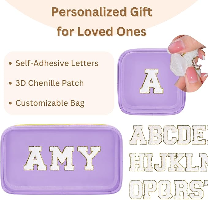 GODEAGLE 2PCS Personalized Makeup Bag Set, 2PCS Toiletry Bag & 26 Chenille Letters, Clear Makeup Pouch, Preppy Stuff Gifts for Teen Girls (Purple)