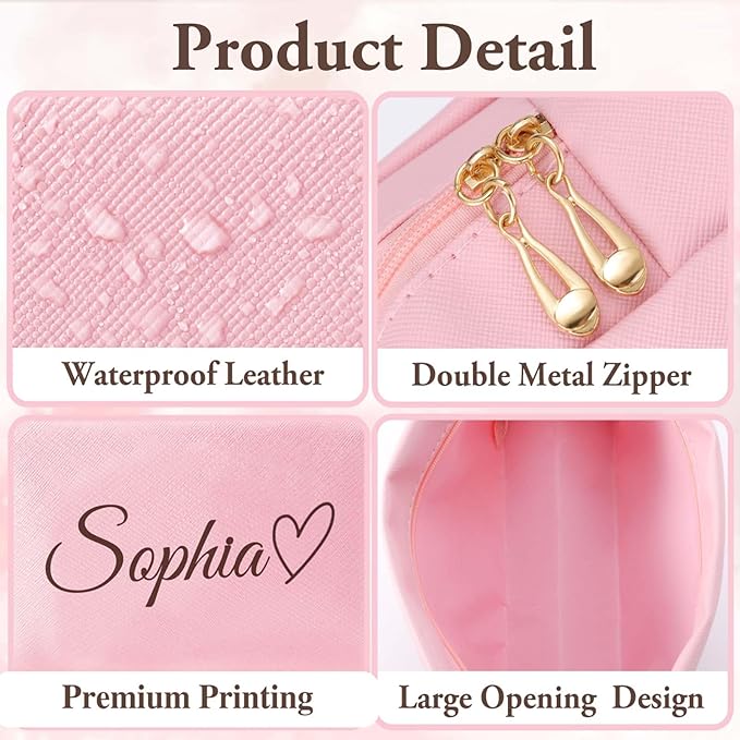 Fincekoom Valentines Day Gifts for Her Teen Girls, Personalized Makeup Bag with Name & Birth Flower, Custom Leather Cosmetic Bags for Women, Customized Travel Toiletry Bag Gifts for Bridesmaid Wedding