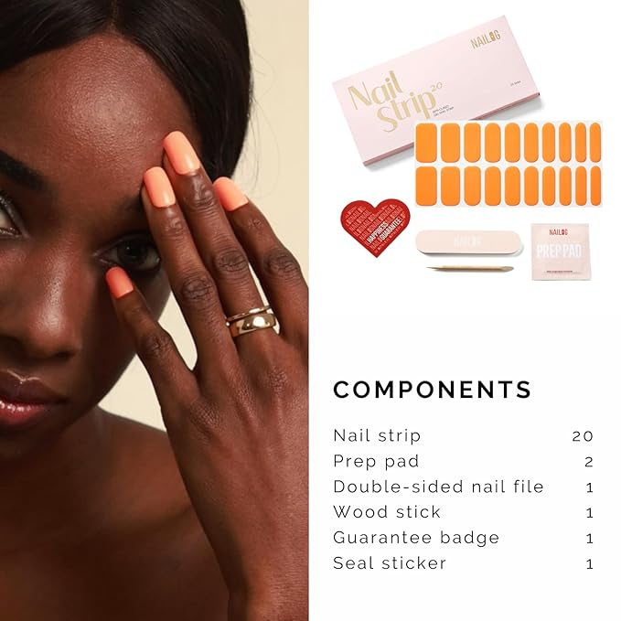 Semi Cured Gel Nail Strips - NAILOG 20 Pcs Orange Gel Nail Stickers Extra Long Nail Wraps with Glossy Gel Finishing for Spring Summer, Orange Bomb