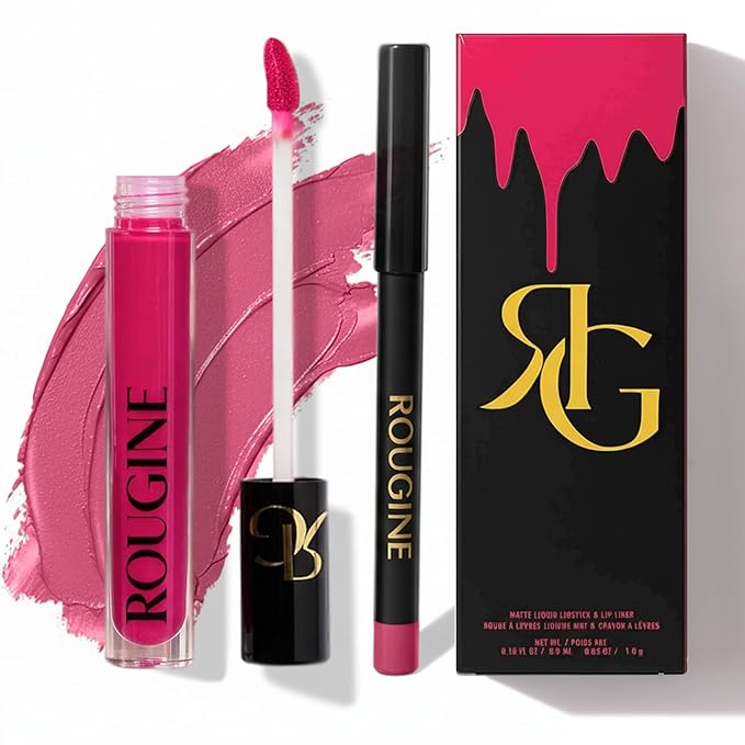 Rougine Liquid Lipstick & Lip Liner Set for Women – Smooth Matte French Kiss Shade, Long-Lasting Waterproof Lipstick, Smudge-Resistant Lip Makeup, Soft Glide Liner – Vitamin E & Shea Butter