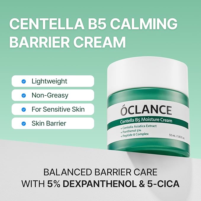OCLANCE Centella B5 Calming Barrier Cream, Lightweight Non-Greasy Face Moisturizer for Sensitive Skin with Panthenol, Centella & 8-Peptide Complex, Fragrance-Free Korean Skincare, 1.85 fl oz (55ml)