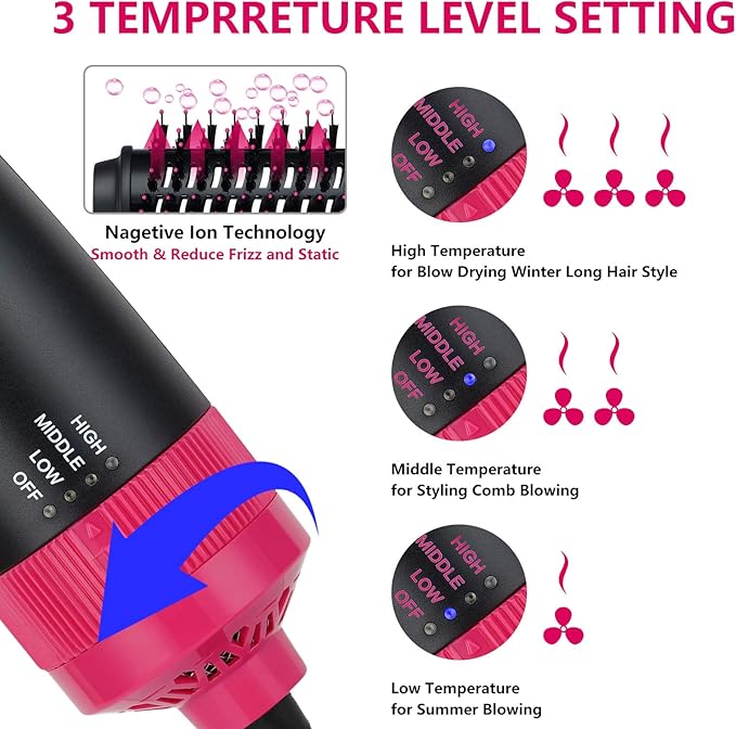 3 in 1 Hair Dryer & Volumizer, Ceramic Negative Ion Curling Dryer Styler with 3 Brush Heads (Rose Black)