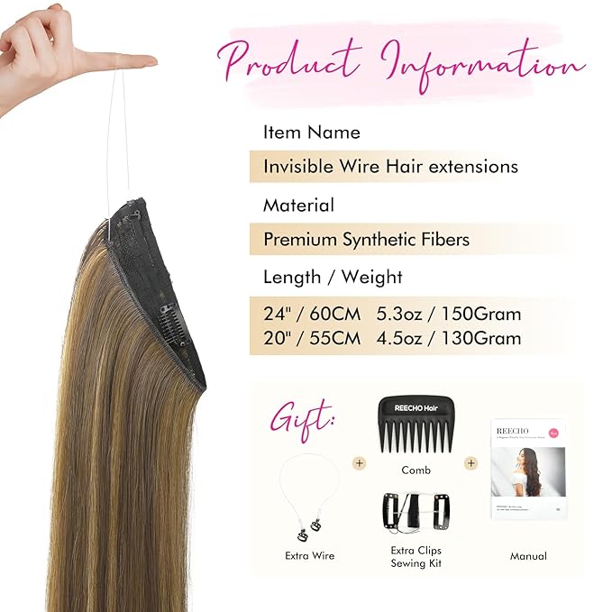 REECHO Invisible Wire Hair Extensions with Transparent Headband Adjustable Size Removable Secure Clips in Straight Secret Hairpiece for Women (20 Inch (Pack of 1), Chocolate Brown with Highlights)