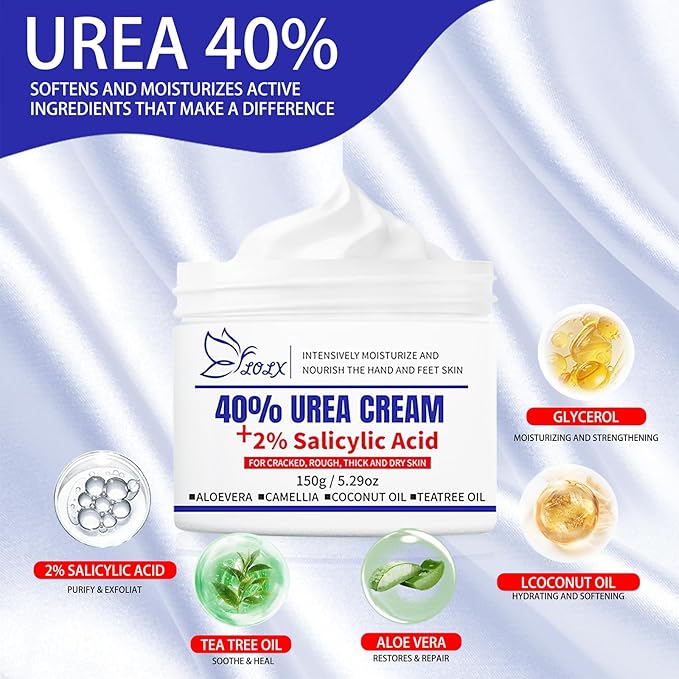 Urea Cream 40 Percent for Feet Maximum Strength, Urea Cream 40% Plus Salicylic Acid 2% for Rough, Dry, Thick & Cracked Skin, Deep Hydration, Non-Greasy, 5.29 Oz