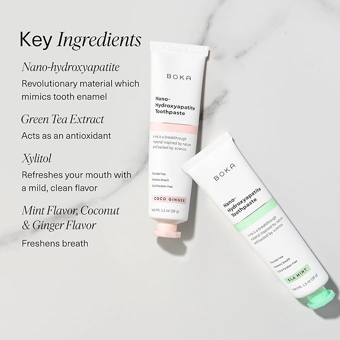 Boka Fluoride Free Toothpaste, Nano Hydroxyapatite Toothpaste, Appropriate for Sensitive Teeth - for Adult, Kids Oral Care - Ela Mint, Coco Ginger Flavor, 1.3 Fl Oz 2Pk US Manufactured (Pack of 2)