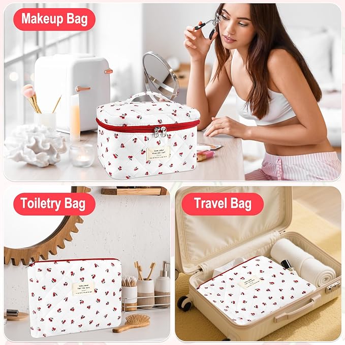 URSKYTOUS 3Pc Cotton Quilted Makeup Bag for Women Extra Large Coquette Small Floral Travel Cosmetic Bag Set Cute Cherry Makeup Pouch Portable Toiletry Bag Organizer Vintage Puffy Essential Storage Bag