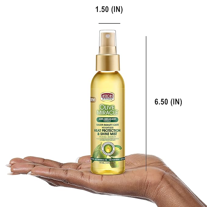 African Pride Olive Miracle Weightless Heat Protection & Hair Shine Mist, Fights Humidity & Shields Against Heat Damage, Enriched with Olive & Tea Tree Oils, 4 oz