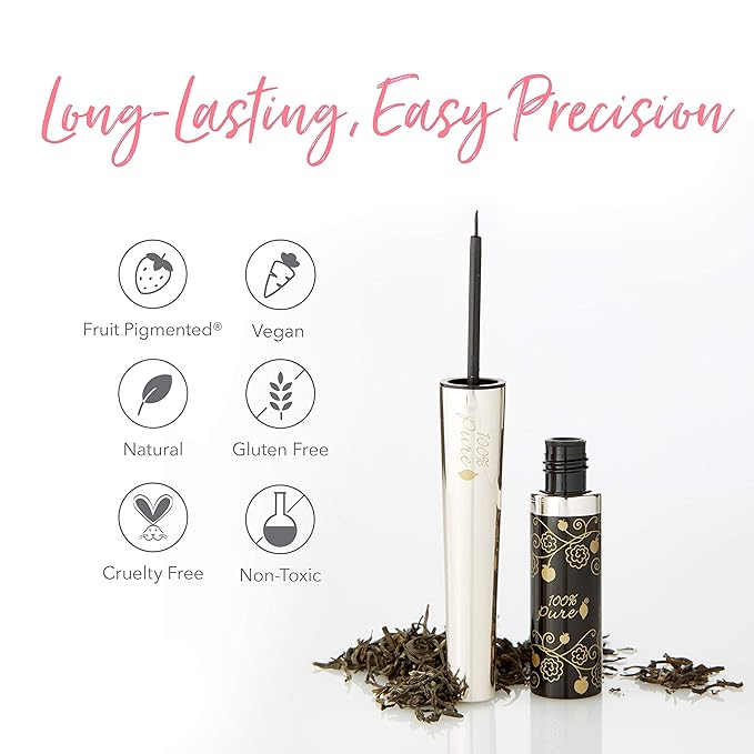 100% PURE Long Last Liquid Eye Liner - Natural, Water-Resistant & Smudge-Proof Easy to Apply Vegan Eye Makeup for All Skin Types - Fruit Pigmented Color Black Tea (Dark Black) - 0.23 Fl oz