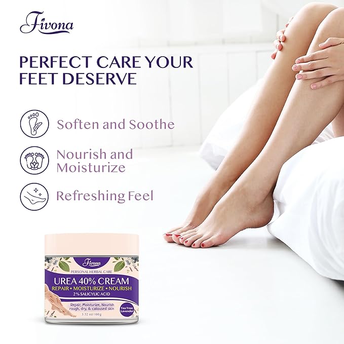 FIVONA 40% Urea Foot Cream for Dry Cracked Heels - Extra Strength Callus Softening Cream with 2% Salicylic Acid, Tea Tree & Lavender, 100g (3.5 oz)