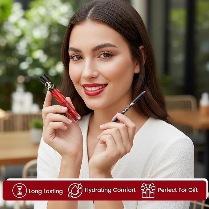 Rougine Liquid Lipstick & Lip Liner Set for Women – Smooth Matte Red Love Shade, Long-Lasting Waterproof Lipstick, Smudge-Resistant Lip Makeup, Soft Glide Liner – Vitamin E & Shea Butter