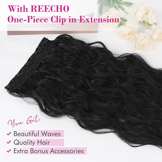 REECHO Black Hair Extensions, 20” Single Piece Clip in Hair Extensions Thick Long Beach Wavy Natural Soft Synthetic Hairpieces for Women, Natural Black