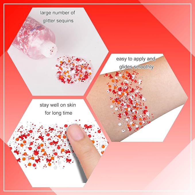 MEICOLY Red and White Face Body Glitter for Reading Week World Book Day,Holographic Self-Adhesive Glitter for Kids Girls Adults,Book Character Costumes Cosplay Accessories for Halloween Festival