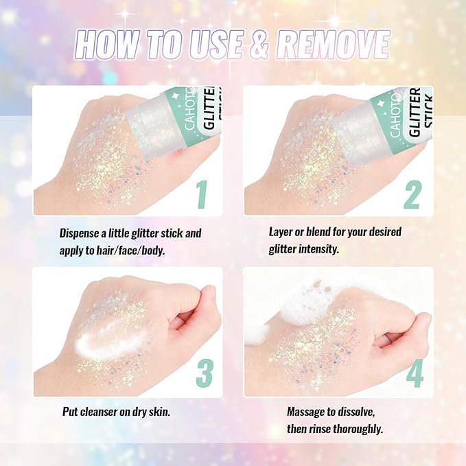 Rainbow Face Body & Hair Glitter Stick for Singer Concerts Outfit, Iridescent Glitter Gel for Women, Sparkling Holographic Chunky Sequins for Christmas Rave Festival Halloween Carnival, 0.56oz