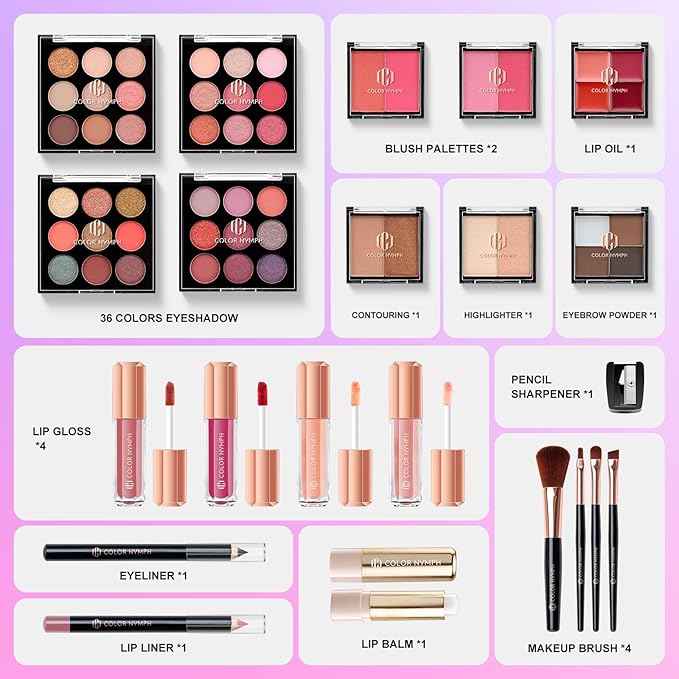Color Nymph All In One Makeup Kit Comestics Gifts for Girls Teens, Travel Makeup Set 4 Trays Train Case for Beginner Includes Eyeshadow Highlighter Lipgloss Blush Concealer Brush Eyeliner Lipbalm