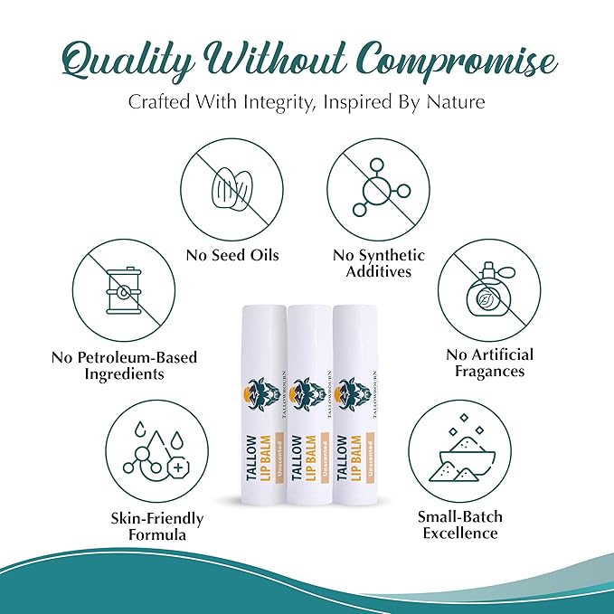 Tallowbourn Moisturizing Tallow Lip Balm – Grass-Fed Beef Tallow with Organic Coconut Oil, Beeswax, and Vitamin E – Unscented Lip Balm Set – Travel Essential - 3-Pack