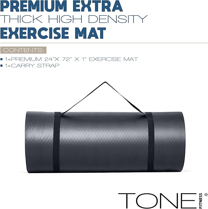 Tone Fitness 1-Inch Thick Yoga Mat | High-Density, Non-slip Exercise Mat with Carrying Strap for Yoga, Pilates, & Home Gym Workouts | Multiple Options