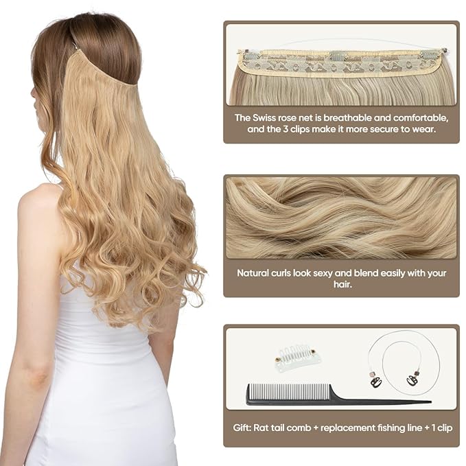 SARLA Ombre Invisible Wire Hair Extensions with 3 Clips Short Synthetic Wavy Curly Hairpiece Adjustable Transparent Headband for Women 14 Inch Brown to Ash Blonde