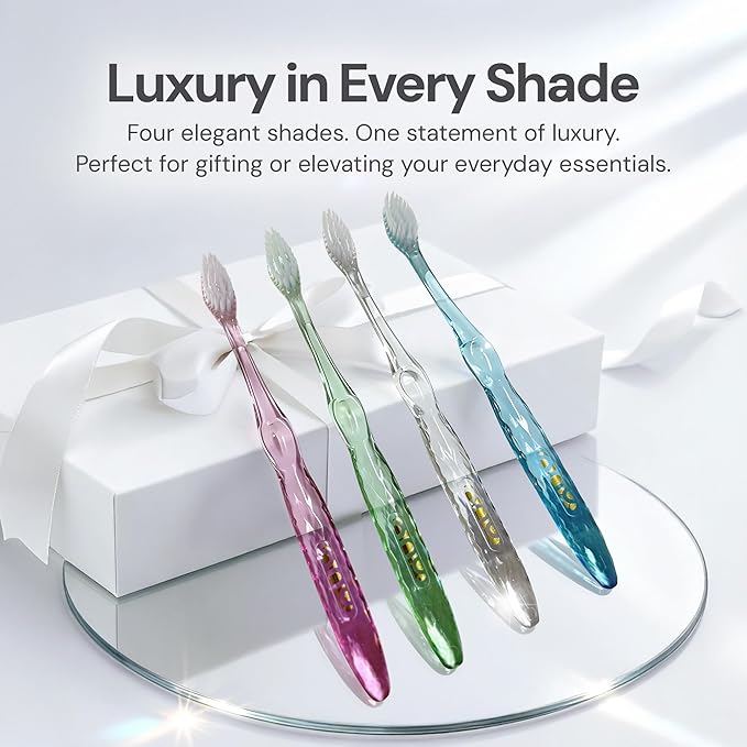 Nano-b Manual Toothbrush Set for Adults with Sensitive Gums, Silver Soft/Medium Bristles, Travel Cases, Blue, Pink, Green, Crystal, 12-Pack
