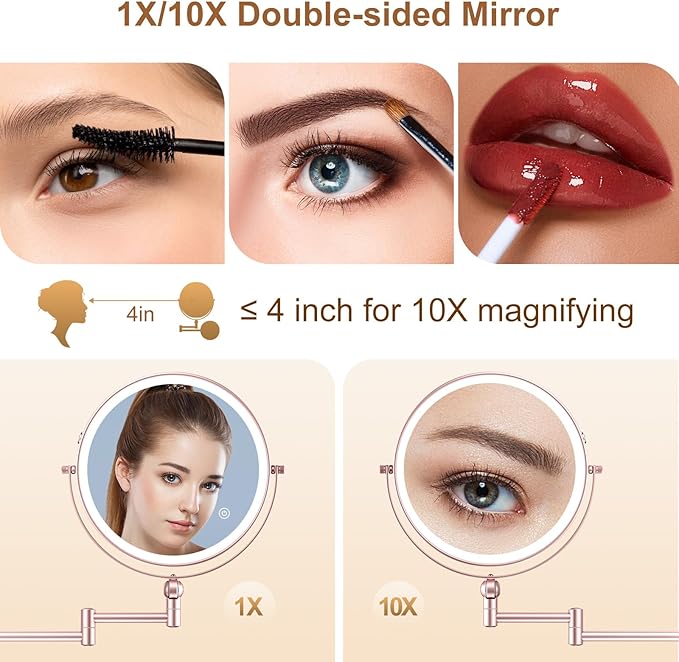 9" Wall Mounted Lighted Makeup Mirror,4000mAh Rechargeable Double Sided 1X/10X Magnifying Mirror with Light,Touch Dimmable,Extended Arm 360 Rotation Wall Mounted Makeup Mirror 3 Color Lights Gold