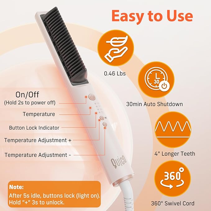 Quico Hair Straightener Brush, 100-240V Dual Voltage Ionic Straightener Brush for Women, Ceramic Travel Hair Straightener Comb, Electric Hot Comb Flat Iron, Auto Temp Lock & Auto-Off Function, Pink