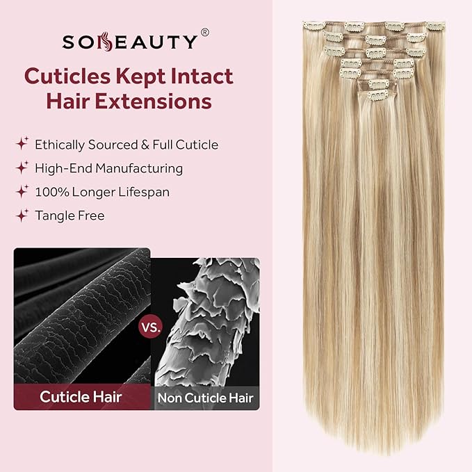Clip in Hair Extensions Real Human Hair, Silky Remy Hair Extensions Clip Ins, Salon Quality Natural Human Hair, Light Blonde Highlighted Golden Blonde #P16/22 24Inch 120G 7PCS