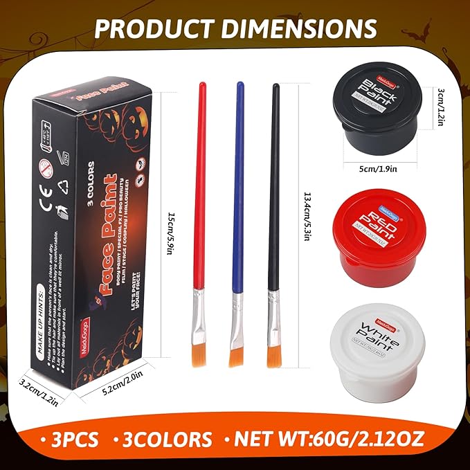 3 Color water-based Face Body Paint Set （Black + White + Red )with Brushes Kits Non-Toxic Easy Washable ,for Adults Halloweens Partys Cosplays Joker Zombie Vampire SFX Art Stage Makeup Adults