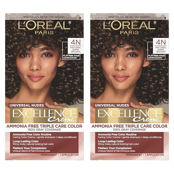 L’Oreal Paris Excellence Universal Nudes Permanent Hair Color, Ammonia Free Hair Dye for Gray Hair Coverage, 4N Natural Dark Brown, 1 Kit (Pack of 2)