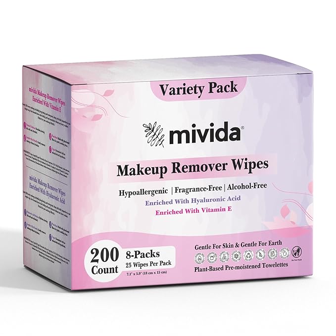 mivida Hypoallergenic Makeup Remover Wipes, Variety Box of 200 Wipes (8x25) 4 Packs with Vitamin E + 4 Packs with Hyaluronic Acid, Fragrance Free,Travel Size Plant-Based make up wipes