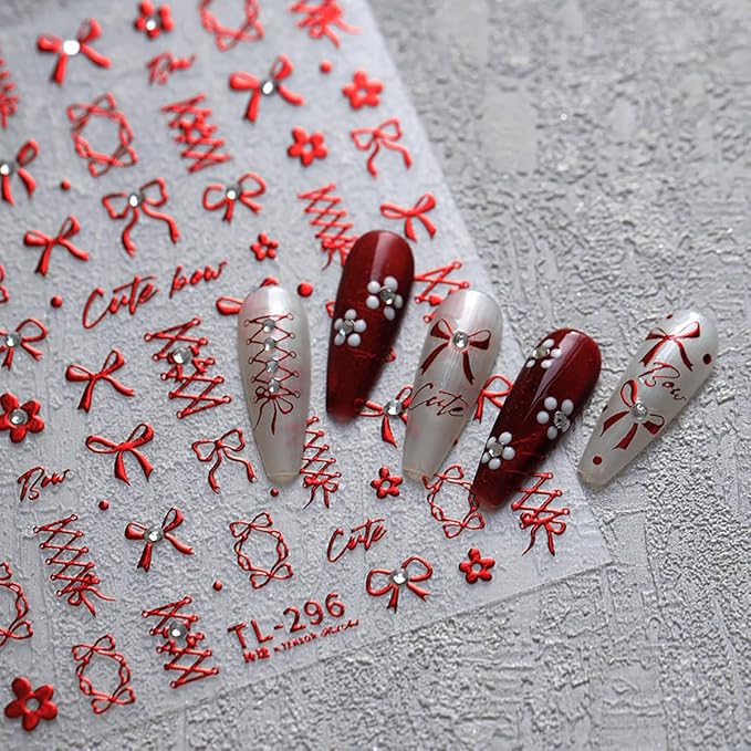 Bow Nail Art Sticker Self-Adhesive Red Flowers Bows with Nails Rhinestones Nail Decals Design Valentine Bow Nail Sticker DIY Manicure Acrylic Nails Decoration Accessories for Women