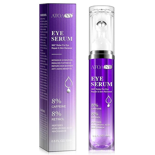 Eye Serum with 8% Caffeine & Retinol for Dark Circles & Puffiness, Under Eye Cream with Hyaluronic Acid, Niacinamide & Peptides, 360° Roller Massage Ball, Fine Line & Wrinkle Care, 0.5 fl oz