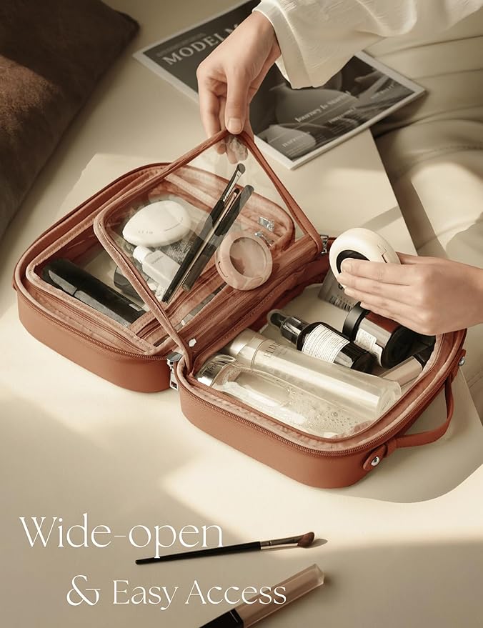 Oaque Clear Cosmetic Bag Double Layer Travel Toiletry Bag Clear Makeup Bag Case with 4 Compartments, Transparent Travel Bag for Toiletries, Large Toiletry Bag for Women Cosmetic Case (Brown, Large)