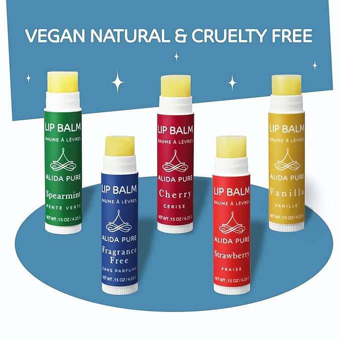 ALIDA PURE Melody Lip Balm Collection, Vegan Set, Beeswax Free, with Organic Jojoba and Avocado Oil, Vitamin E, Natural Moisturizer for Dry, Chapped Lips, 5 Tube Set