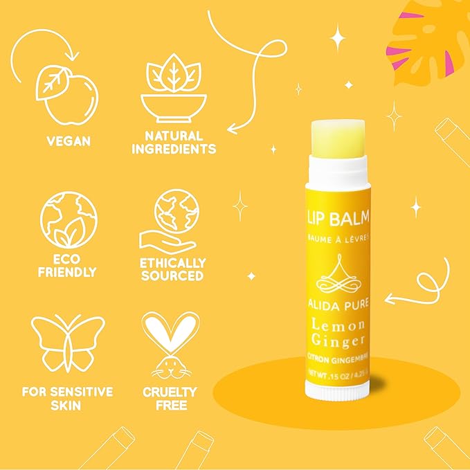 ALIDA PURE Lemon Ginger Lip Balm Collection, Vegan Set, Bees Wax Free, with Organic Jojoba and Avocado Oil, Vitamin E, Natural Moisturizer For Dry, Cracked, or Chapped Lips, 3 Tube Set
