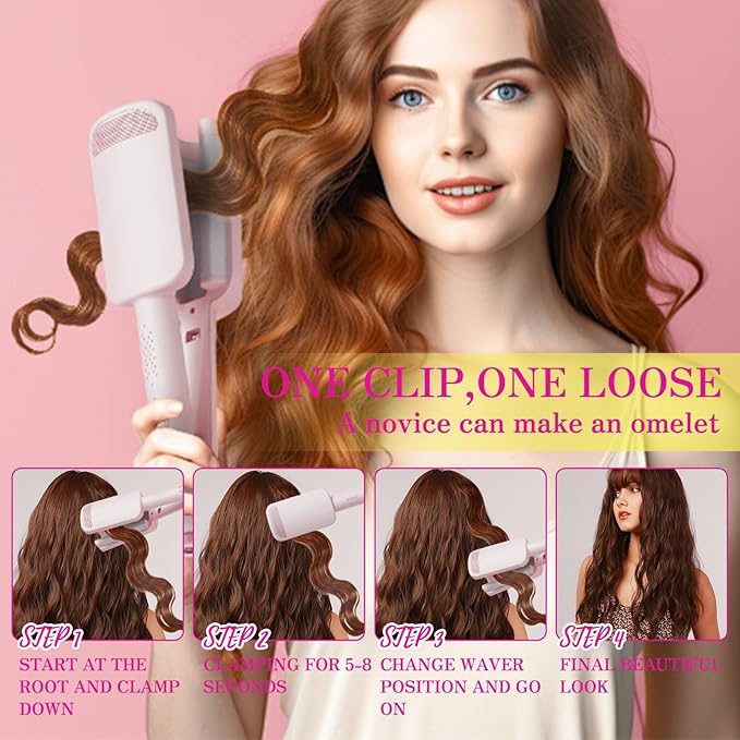 Waver Curling Iron Hair Crimper 1.25 Inch Crimper Hairs Tool with Ceramic 3 Barrel Ionic Deep Hair Waver for Women Hairs Curler for Long & Short, Easy to Use, Dual Voltage, Anti-Scald (Pink)