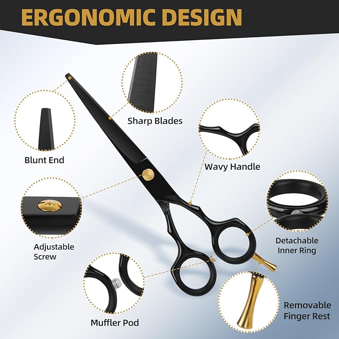 ETHTXE Professional Black Hairdressing Scissors, 6.5" Japanese Stainless Steel Thinning & Straight Trimming Shears – Salon-Grade Barber Tools for Men, Women, and Family Gifts