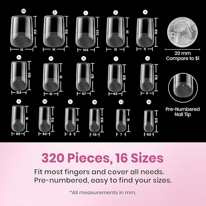 Beetles Gel Nail Tips Square Short, 320pcs 16 Sizes, Flat-X Pre-Etched Half Matte Full Cover Soft Acrylic Press on False Nail Extension Tips Easy DIY Salon Art for Flat & Natural Nail Beds