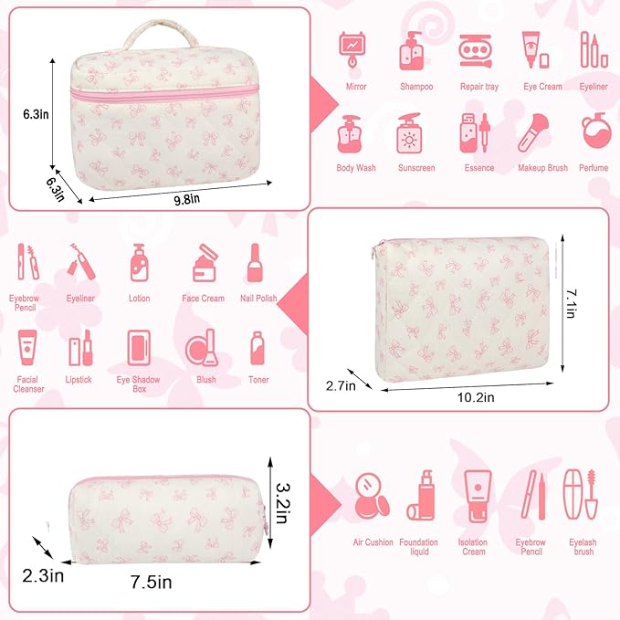 URSKYTOUS 3Pcs Makeup Bag Quilted Cotton Cosmetic Bags for Women Large Small Pink Bow Makeup Pouch Set Cute Coquette Floral Travel Bags Portable Skincare Toiletry Bag Vintage Puffy Essential Organizer