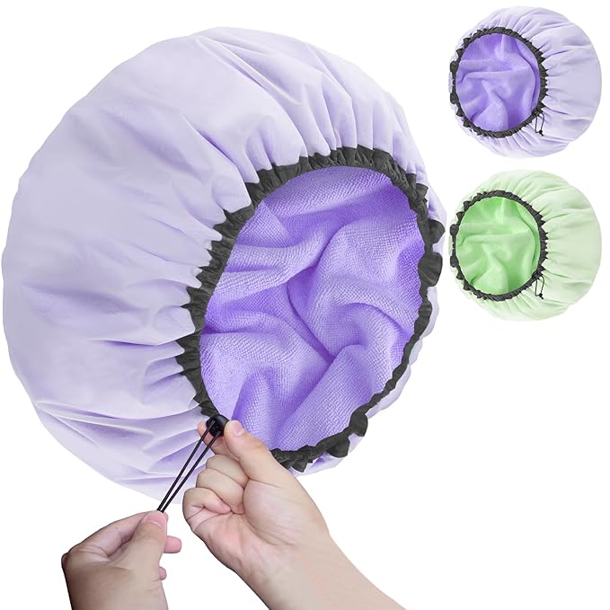2 Pcs 15" XL Extra Large Terry Lined Shower Cap, Adjustable Dual Waterproof Shower Cap for Women Reusable Soft Hair Cap Bath Cap for Long Braids, Thick Hair, Locs, Curly Hair