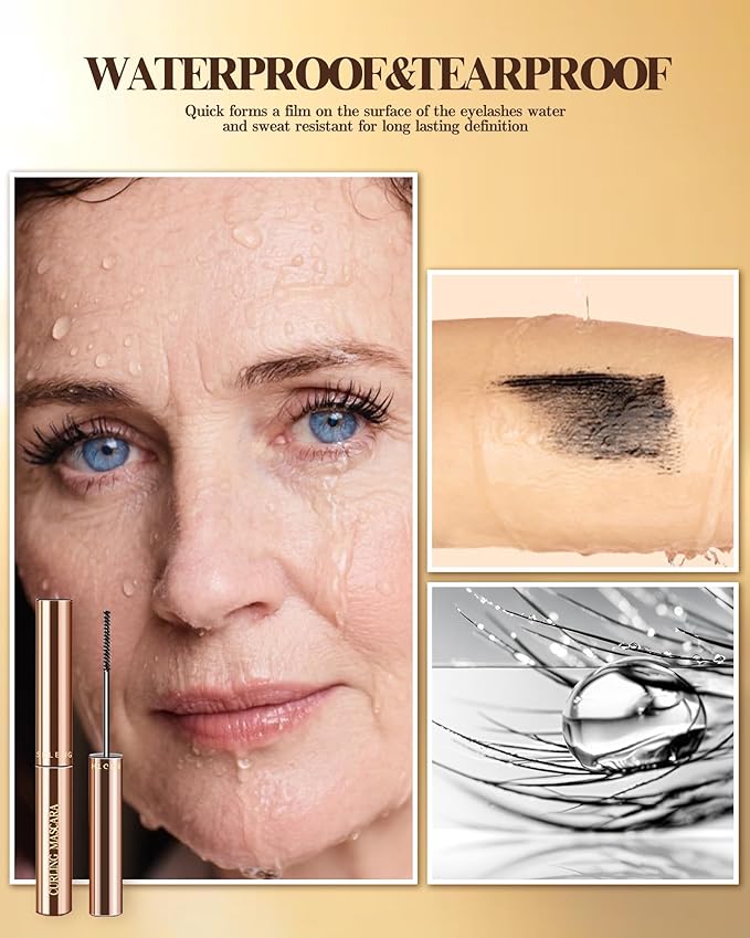 Slim Brush Mascara for Mature Older Women 60 Plus Set,2 Pcs Black Volume and Length Waterproof No Smudge Eyelashes, Lengthening Tube Hypoallergenic Straight Thinning Mascara, for Sensitive Eyes Makeup
