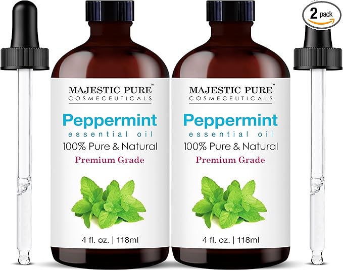 Majestic Pure Essential Oil with Glass Dropper - 100% Pure and Natural - Essential Oils for Diffuser, Aromatherapy, Soap and Candle Making, Peppermint Essential Oil, Peppermint Oil, 4 Fl Oz Pack of 2