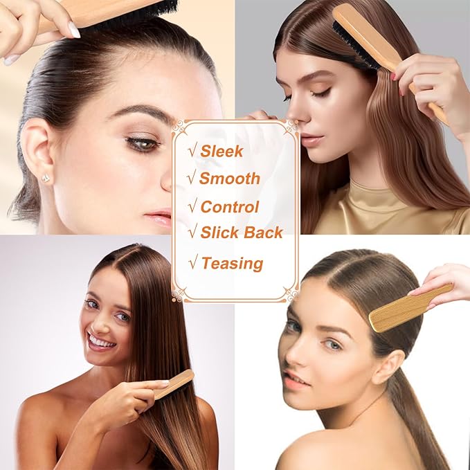 Slick Back Hair Brush & Hair Wax Stick Set for Slick Back – Boar Bristle Brush for Sleek, Control, Flyaways & Baby Hairs – Wax Stick for Women Sectioning & Parting