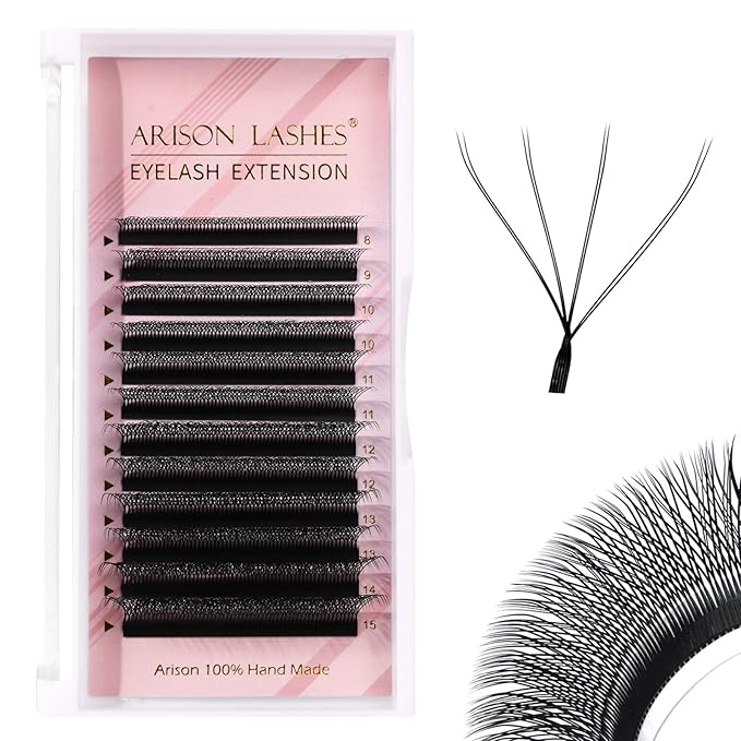 Arison Lashes Double Layers 4DW Shape Eyelash Extension Natural Soft Volume 0.07mm D Curl 8-15mm Mix Premade Fans Faux Mink Matte Black 12 rows
