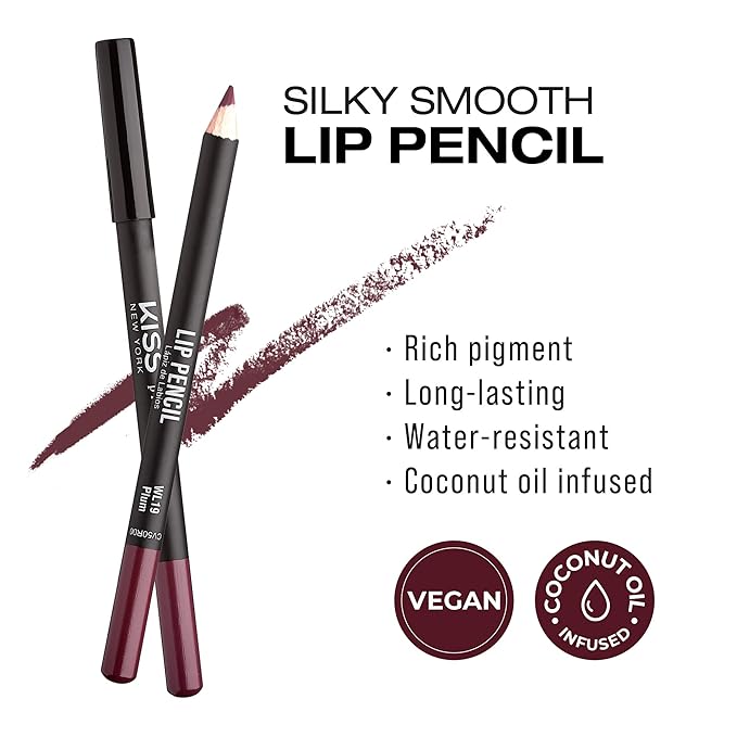 KISS New York Professional Slim Lip Pencil, Creamy Soft Lip Liner, Smooth Long-Lasting Rich Lip Color, Natural Lip Makeup, Water-Resistant Lip Crayon (Plum)