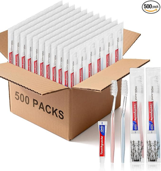 500pcs Disposable Toothbrushes, 2 Color, Travel Toothpaste for Homeless, Airbnb, Hotel