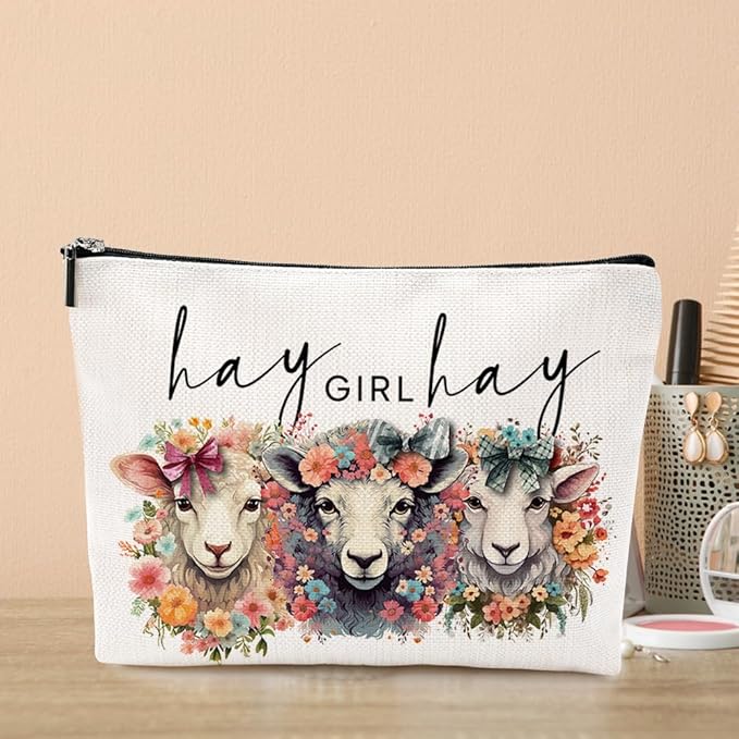 Cute Western Sheep Makeup Bag Sheep Gifts for Girls Women Sheep Print Stuff Merch for Sheep Lovers Funny Christmas Birthday Gifts for Teens Best Friend BFF Bestie Mom Sister Hay Girl Cosmeticcase