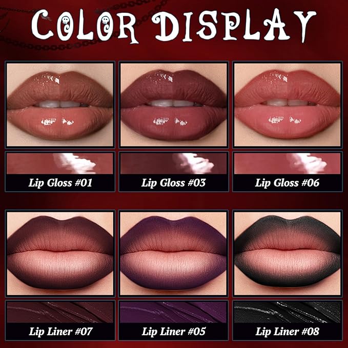 Lip Liner Gloss Set, Dark Purple Plumping Lip Liner Lip Pencil Moisturizing Lightweight Lip Gloss Lip Combo, High Shine Glossy Lip Tint Lip Stain Makeup Long Lasting Lip Contour for Women