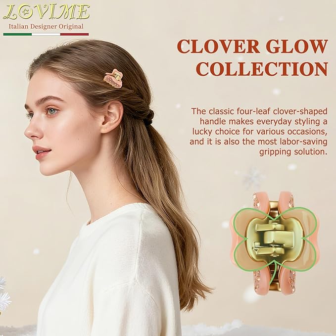 1.2" Mini Clover Claw Clips for Girls Kids - 18K Gold Plated Small Pink Hair Clips for Side Bangs & Braids, Rhinestone Hair Accessories for Fine Hair, Cute Birthday Gift for Daughter